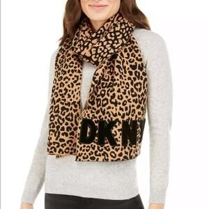 DKNY Logo Velvet Flocked Flat Knit Scarf Black Leopard Print Brand New Wrap